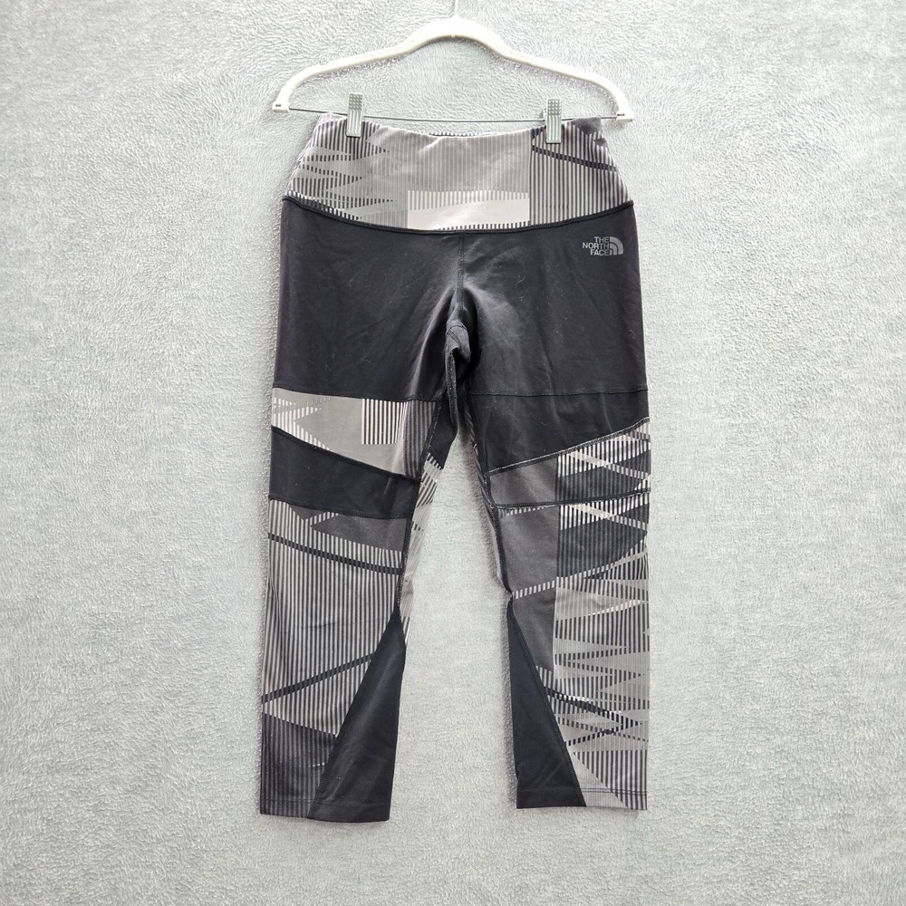 The North Face Women Activewear Pants Large Gray Striped Leggings Flashdry Capri